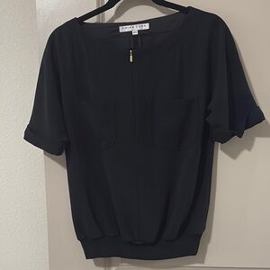 Trina Turk black blouse, Tunic, stretch waist, zipper, pockets, size XS